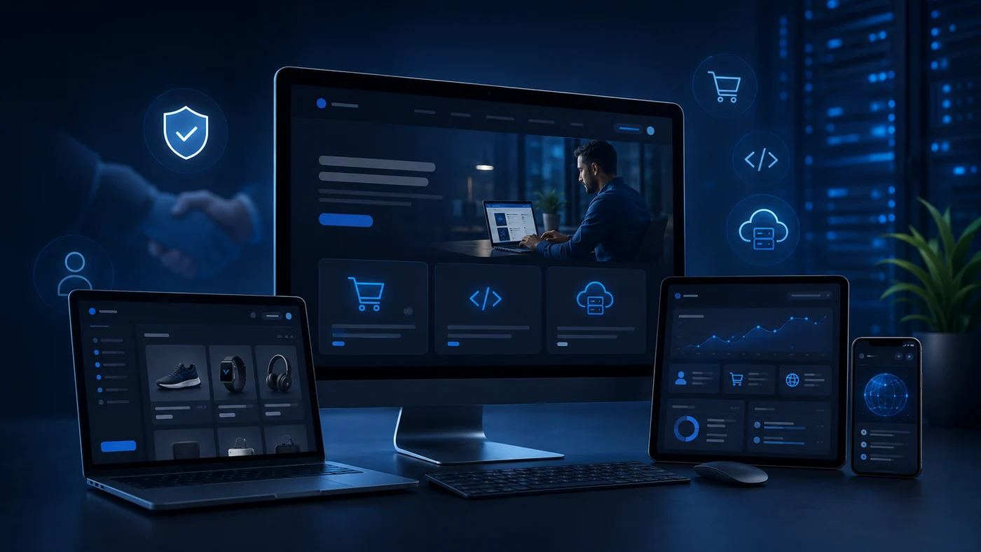 A website on desktop, laptop, tablet and phone — responsive build, e-commerce and security